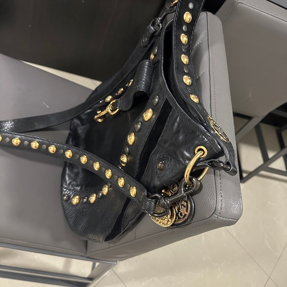 Vintage Gucci Black Leather Studded Fringe Shoulder Bag with Crest Medallions - Picture 9 of 9